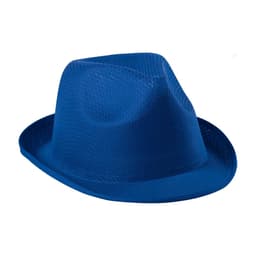 A blue brimmed hat with a mesh design, featuring a logo on the side.