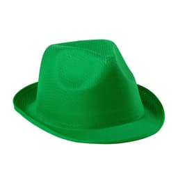 A green brimmed hat with a textured finish, featuring a logo on the side.