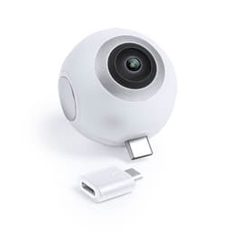 A compact white spherical camera with a lens and a USB adapter for connection.