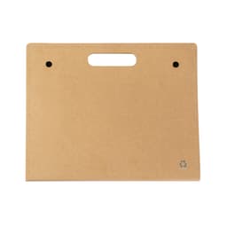 A tan Kelem Folder with a handle and two circular holes, featuring a logo in the bottom corner.