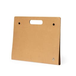 A tan Kelem Folder with a handle and a logo, designed for office and business use.