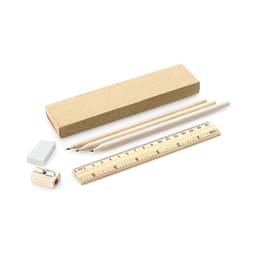 A brown cardboard box containing two wooden pencils, a ruler, an eraser, and a sharpener.