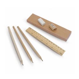 A writing set with three wooden pencils, a ruler, an eraser, and a sharpener, all presented in a cardboard box.
