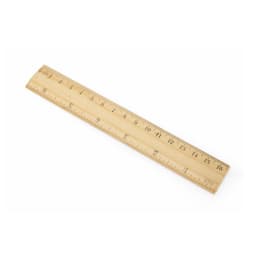 A wooden ruler with metric and imperial markings, featuring a light colour and a simple design. It has a logo.