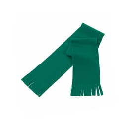 A green scarf with fringed edges, featuring a simple, solid design. It has a logo visible on one side.