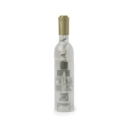 A transparent bottle-shaped corkscrew with a metallic corkscrew top and internal mechanisms. It has a logo.