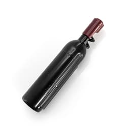 A black corkscrew designed like a wine bottle, featuring a maroon top and a metal spiral. It includes branding.