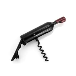 A corkscrew designed to resemble a bottle of wine, featuring black and burgundy colours. It includes a logo.