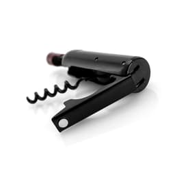 A black corkscrew with a metallic spiral and lever, designed for opening wine bottles.