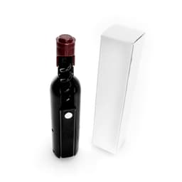 A black corkscrew styled as a wine bottle, with a white box beside it. The corkscrew features a burgundy top.
