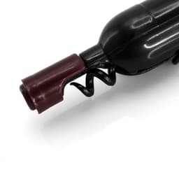 A black corkscrew with a maroon handle, featuring a spiral metal extractor. It has a simple, sleek design.