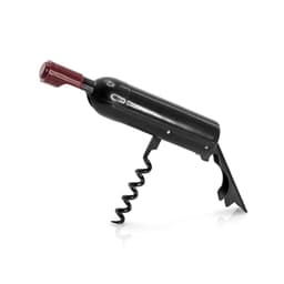 A black corkscrew in the shape of a wine bottle, featuring a spiral corkscrew attachment and a handle.