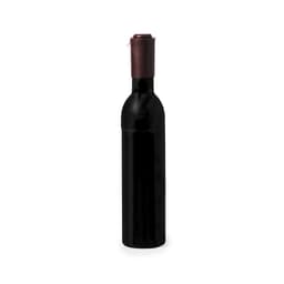 A black wine bottle with a dark metallic cork. The bottle has a logo on it.
