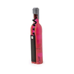 A pink corkscrew in the shape of a wine bottle, featuring a spiral metal corkscrew and a black handle.