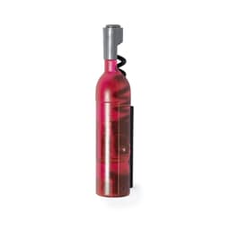 A metallic pink corkscrew with a handle and a spiral tip, designed for opening bottles. It features a logo.