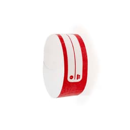 A red and white event wristband with a simple design and a logo.