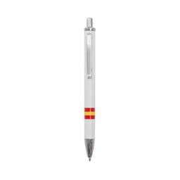 A white metal pen featuring red and yellow stripes and a silver clip. It has a sleek design and polished finish.