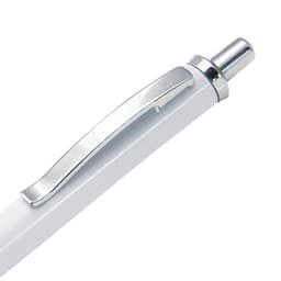 A metal pen in white with a shiny silver clip and a smooth finish. It features a logo on the side.