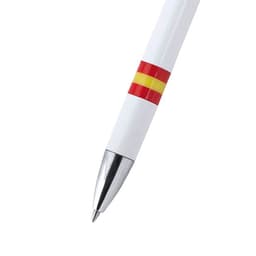A metal pen in white with red and yellow stripes, featuring a silver tip and a branding logo.