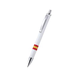A metal pen with a white body, silver clip, and red and yellow stripes. It features a branding logo.