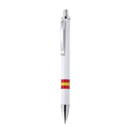 A metal pen featuring a white body with a red stripe and a silver clip. The pen has a branding logo.
