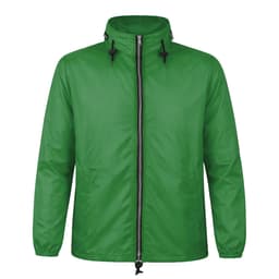 A green rain jacket featuring a front zipper, adjustable drawstrings, and a hood. It has a logo on the design.