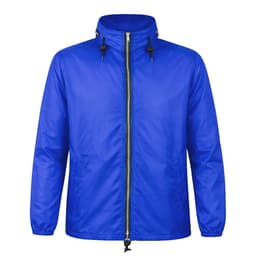 A blue rain jacket featuring a zippered front and an adjustable hood. It has a logo on the front.