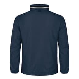 A navy rain jacket featuring a high collar and a simple design, with a branding logo on the back.