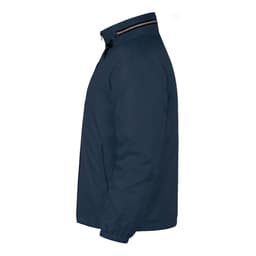 A navy rain jacket with a zippered collar and side pockets. The jacket features a logo.