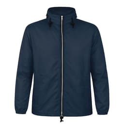 A navy rain jacket featuring a zip front, adjustable hood, and drawstring hem. It has a logo on the front.