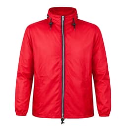 A red rain jacket with a zip front, adjustable drawstring, and elasticised cuffs. It features a logo.