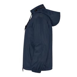 A navy rain jacket featuring a hood, elastic cuffs, and a zippered front. It includes pockets and has a logo.