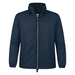 A rain jacket in navy blue featuring a zip front, drawstrings, and a hood. It has a logo on the chest area.