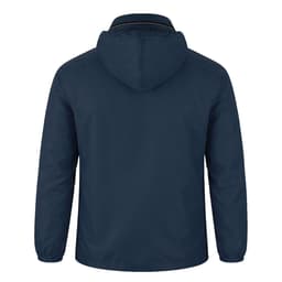 A navy rain jacket with a hood and a simple design, featuring a logo on the back.