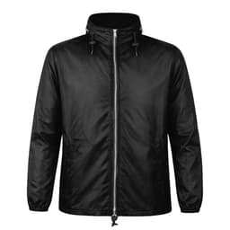 A black rain jacket featuring a zip front, adjustable drawstrings, and side pockets. It has a branding logo.