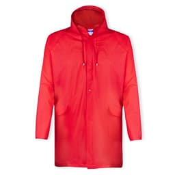 A red raincoat with a hood, featuring a button closure and front pockets. It has a branding logo on it.