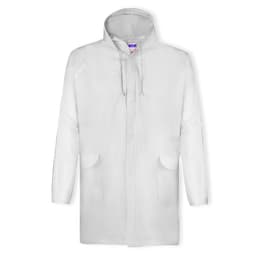 A white rain jacket featuring a hood, button closure, and side pockets. It includes a logo on the front.