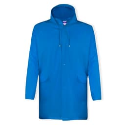 A blue rain jacket with a hood, featuring two front pockets and a logo.