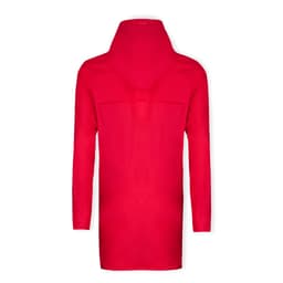 A red rain jacket featuring a hood and a slightly longer back design. It includes a logo on the back.