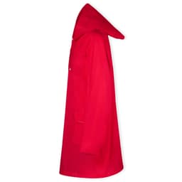 A red rain jacket with a hood and a side pocket, featuring a simple design and a branding logo.