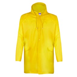 A yellow rain jacket with a hood, featuring two front pockets and a branding logo.