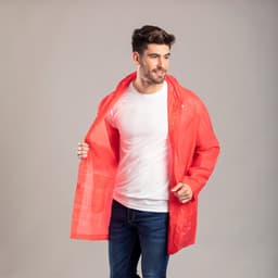 A red rain jacket with a hood worn by a man over a white T-shirt, featuring pockets and a logo.