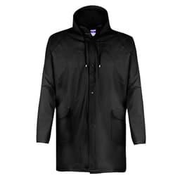 A black rain jacket with a hood, featuring a front zip, drawstring, and two side pockets.