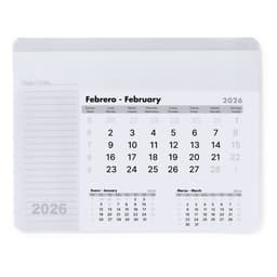 A white mousepad calendar featuring February and March 2026 with space for notes and a branding logo.