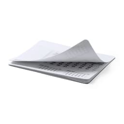 A white desk calendar mousepad with monthly grids and a sleek design, featuring a branding logo.