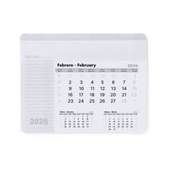 A grey mousepad featuring a calendar layout for February 2026, with a notes section on the side.