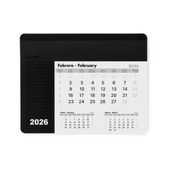 A black mousepad calendar displays the months of February and March 2026, featuring a sleek design and a branding logo.