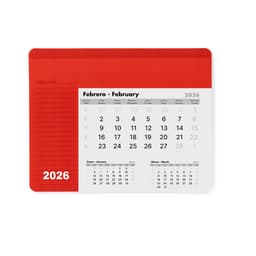 A red mousepad calendar displaying February and March 2026, with a section for notes.