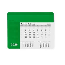 A green mousepad calendar for 2026 featuring months in both English and Spanish with a space for personal notes.