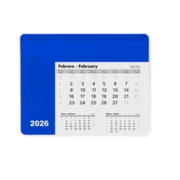 A blue mousepad calendar featuring a monthly layout for February 2026, with additional months displayed below.